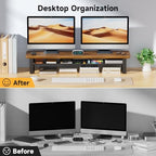 Dual Monitor Stand, 35.4 Inch Monitor Stand Riser for 2 Monitors, 2 Tiers Wood Desk Shelf with Storage, Desktop Organizer Stand for Computer, Laptop, Printer, TV - Image 3