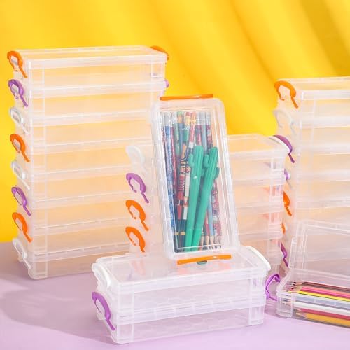 Crtiin 12 Pack Clear Pencil Box Stackable Case, White, Orange, Purple - Image 2
