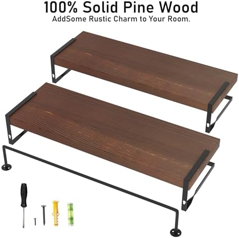 Wood Floating Shelves Wall Mounted - 2+1 Tier Rustic Bathroom Wall Shelves Over Toilet with Towel Bar, Natural Wood Set of 2 Farmhouse Floating Shelf for Bathroom, Kitchen, Bedroom, Dark Brown - Image 7