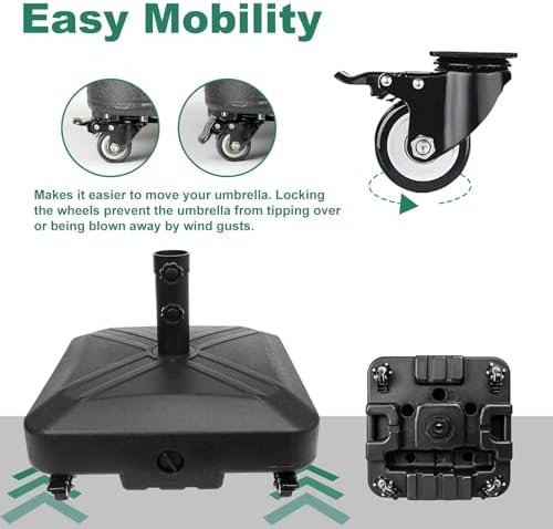 Patio Umbrella Base Heavy Duty with Wheels Square Market Stand for Outdoor 4 Locks 2 Knobs 125lb Capacity, Black - Image 3