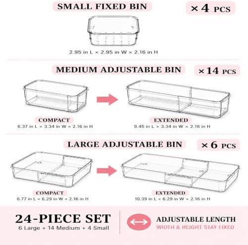 24 Pcs Clear Adjustable Drawer Organizer, 3-Size Expandable Desk Drawer Organizer Box, Acrylic Storage Bins for Makeup, Cosmetic, Kitchen Utensils, Bedroom Dressers Tool Organizer for Gadgets (24) - Image 2