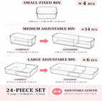 24 Pcs Clear Adjustable Drawer Organizer, 3-Size Expandable Desk Drawer Organizer Box, Acrylic Storage Bins for Makeup, Cosmetic, Kitchen Utensils, Bedroom Dressers Tool Organizer for Gadgets (24) - Image 2