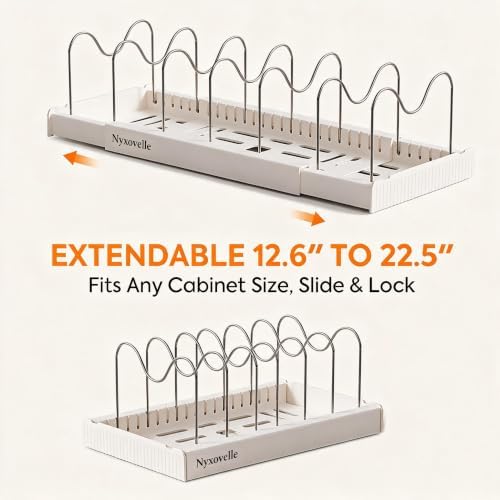 2 Pack Expandable Pots and Pans Organizer under Cabinet, Adjustable Pot Lid Organizer Rack with 9 Stainless Steel Dividers, Food Container Lid Holder for Kitchen Countertop Storage (White) - Image 2