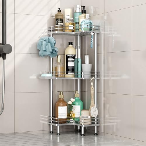 HapiRm Standing Corner Shower Caddy - 3 Tier Shower Shelf Corner with Soap Holder, Rustproof Bathroom Standing Organizer with 4 Hooks, Silver by HapiRm