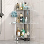 HapiRm Standing Corner Shower Caddy - 3 Tier Shower Shelf Corner with Soap Holder, Rustproof Bathroom Standing Organizer with 4 Hooks, Silver by HapiRm