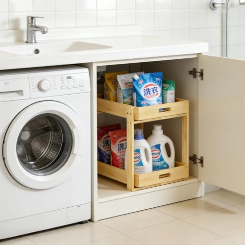 Bamboo Under Bathroom Sink Organizer - 2-Tier Pull Out Kitchen Undersink Organizer Storage Cabinet Shelf with Adjustable Levels, Under Sink Storage Slide Out for Pantry - Image 5