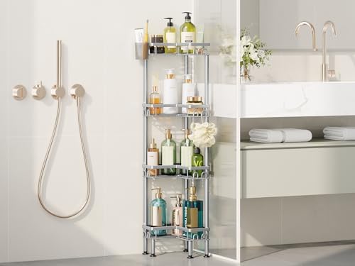 HapiRm Standing Shower Caddy Corner - 4 Tier Corner Shower Organizer with Toothbrush Holder and 16 Hooks, Large Capacity Rustproof Bathroom Shelves for Tall Bottles, Silver - Image 6