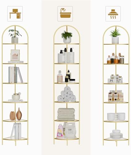 Homhedy 6-Tier Gold Corner Shelf Stand, Metal Corner Bookshelf - Image 3