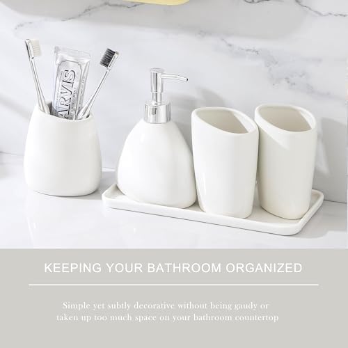 Ceramic Bathroom Accessory Set with Ceramic Tray, 6 Pieces Bathroom Countertop Accessory Set, Include Soap Dispenser, Toothbrush Holder, 2 Tumbler, Soap Dish, Vanity Tray,White - Image 6