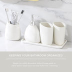 Ceramic Bathroom Accessory Set with Ceramic Tray, 6 Pieces Bathroom Countertop Accessory Set, Include Soap Dispenser, Toothbrush Holder, 2 Tumbler, Soap Dish, Vanity Tray,White - Image 6