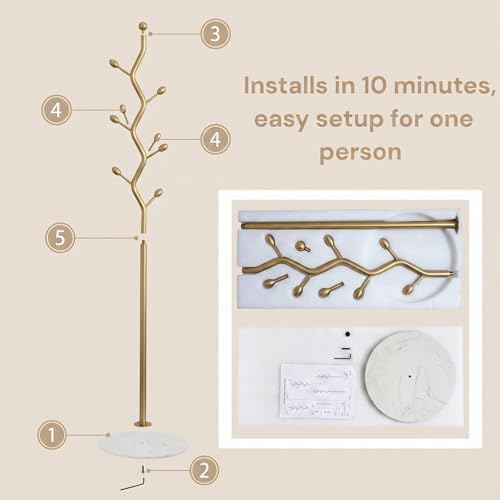 Gold Freestanding Coat Rack & Tree Marble Base 9 Hooks - Image 7