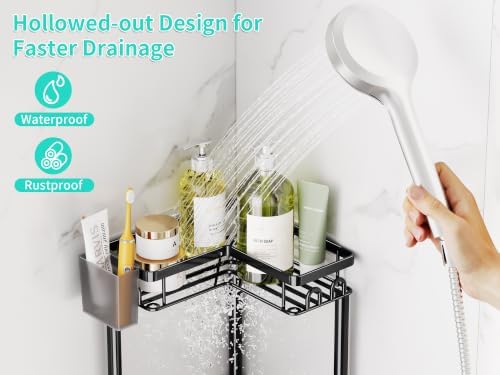 HapiRm Standing Shower Caddy Corner - 3 Tier Corner Shower Organizer with Toothbrush Holder and 12 Hooks, Large Capacity Rustproof Bathroom Shelves for Tall Bottles, Black - Image 3