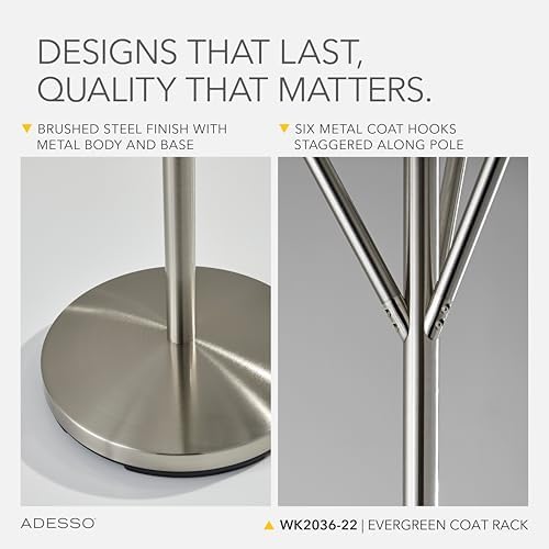 Adesso Coat Rack, Brushed Steel, 6 Hooks, Space-Saving, 67" - Image 4