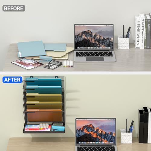 Legal /A4/ Letter Size Hanging Wall File Organizer Desktop File Organizer,6-Tier Wall Mount/Self Standing Paper Document Folder Holder,Mesh Magazine Rack for Office Home, Black ﻿ - Image 5