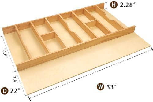 Silverware Drawer Organizer - Trim-to-Fit with Adjustable Dividers for Kitchen Utensil Storage, Beech Wood Frame with 11 Sizes (33" W x 22" D) - Image 4