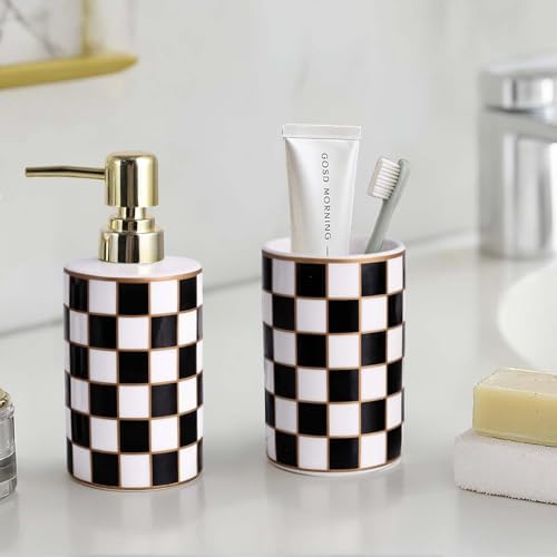 Bathroom Toothbrush Holder Set, Ceramic Checkered Soap Dispenser and Tooth Brush Holder Set, Modern Bathroom Accessories Sets Countertop, Black and White Checkered Bathroom Decor Set (Black) - Image 4