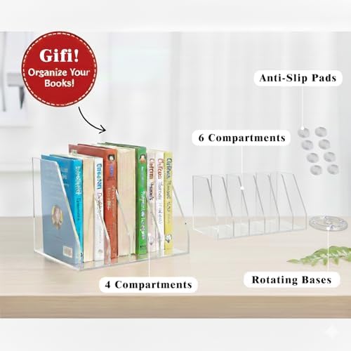 LIYAOLI Rotating Acrylic Book Organizer, 360° Spinning 6 Compartments Desktop Magazine File Holder, Vertical Storage for Books, Binders, Notebooks & Magazines, Clear Desk Organizer for Home Office - Image 6