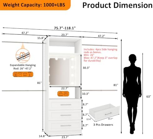 Closet System Storage with Built -In LED Mirror, 3 Light Modes, 3 Drawers, 4* Side Hanging Rods(VO-015) - Image 2