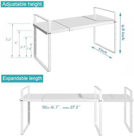 iPEGTOP Expandable Cabinet Storage Shelf Organizer Rack, Heavy Duty Cupboard Stand Spice Rack Adjustable Height Garage Pantry Shelf Space Riser for Counter Kitchen Organization, White, 2 Pack - Image 3