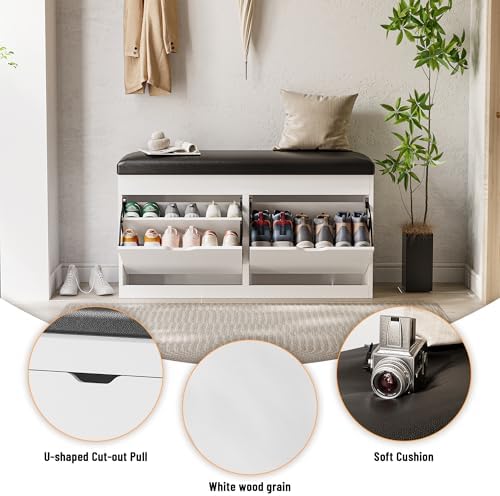 40" Shoe Storage Bench with 2 Flip Drawers & Padded Seat Cushion, Shoe Cabinet with Lift Top Storage Box, Shoe Bench Shoe Organizer for Entryway, Hallway, Living Room, White - Image 6