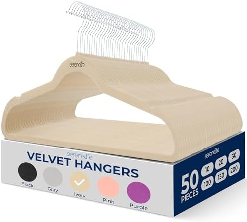 SereneLife 50 Pack Velvet Hangers - Non-Slip Felt Hangers with 360° Swivel Hook, Space-Saving, Ultra-Thin, Lightweight for Shirts, Sweaters, Hoodies, Kids Clothes & Dresses (Ivory) by SereneLife