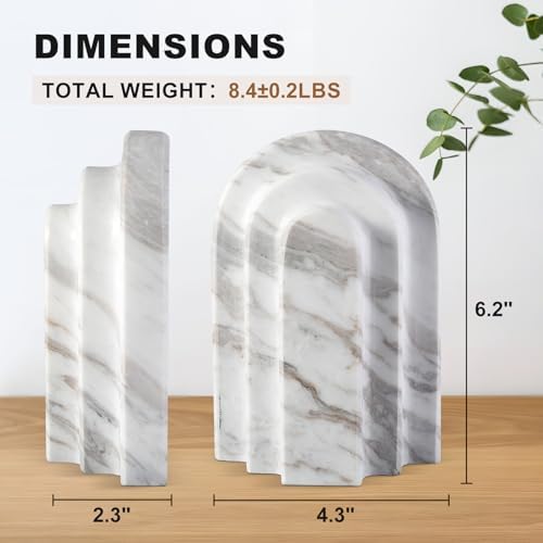 Natural Marble Book Ends - Heavy Duty Bookends for Shelves - Aesthetic Layered Arch Design Stone Book Holders, Modern Office Bookshelf Stopper Decor for Books/CDs (Volakas) - Image 4