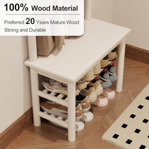 AQIMUELE Coat Rack with Shoe Storage, Narrow Wooden Hall Tree with Bench, 11 Hooks and 2-Tier Storage Shelves, 3-in-1, Entryway Bench with Coat Rack (23.6"-Deep White) - Image 4