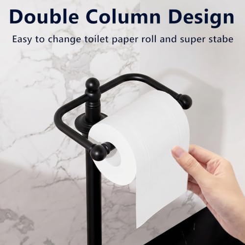 Trongee Toilet Paper Holder Stand, Freestanding Toilet Paper Holder with Weighted Base, Black Metal Toilet Paper Stand with Spring-Loaded Roll Bar, Fits Regular, Double & Mega Rolls for Bathroom - Image 5