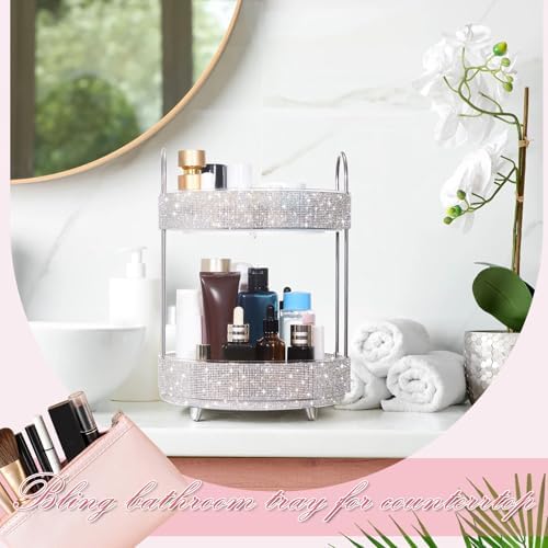 Honeydak Rotating Perfume Organizer Tray, 2 Tiers, Rhinestone, White - Image 6