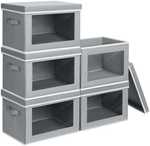 Homsorout Decorative Bins with Lids - Stackable Cube Bins for Closet, 5 Pack Clear Windows Fabric Organizer Bins, Home Organizers and Storage for Clothes, CD, Towels, Grey by Homsorout