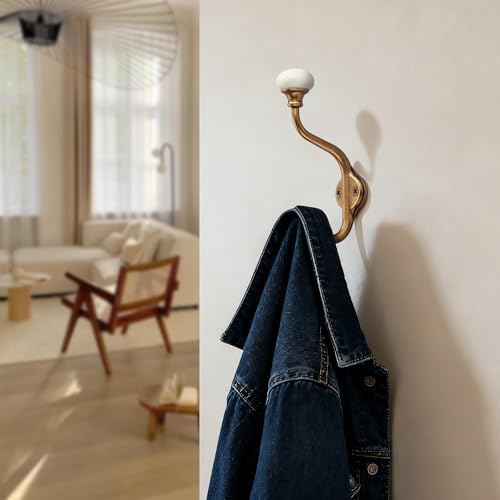 CHIVS Coat Hooks- 5 Pack Antique Brass Wall Hooks, Ceramic Coat Hooks, Decorative Wall Mounted Towel Hanger, zinc Double Prong Hook for Hanging Clothes, Keys, Hats, Backpacks - Image 4