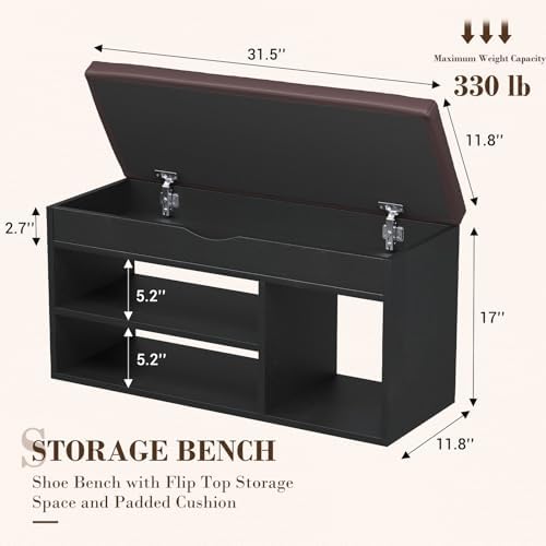 Apicizon Entryway Bench with Shoe Storage, Black, 2-Tier Shoe Rack, Padded Cushion, Wooden Frame - Image 2