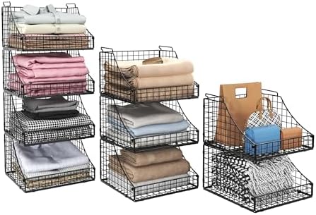 Lyuwanxian 4-Pack Stackable Wire Baskets for Closet Organizers and Storage, Open Storage Bins for Clothes, Toys, and Snacks - Rustic Metal Closet Organizer and Shelves in Black by Lyuwanxian
