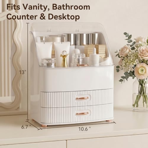 Makeup Organizer Countertop for Vanity with Lid and 2 Drawers, White - Image 2