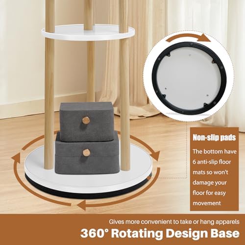 LIWSHWZ Solid Wood Rotary Coat Rack,Coat Rack Freestanding,360° Rotating with 9 Hooks & 3 Shelves for Entryway, Livingroom, Bedroom, Coat Hanger Stand for Coats, Scarves, Handbags, Hat - Image 4