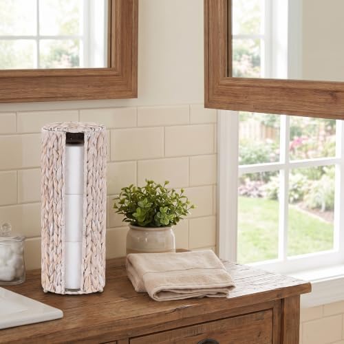 PINXIURY Water Hyacinth Paper Roll Holder, Wicker Toilet Paper Holder Stand for Bathroom, Toilet Roll Holder Stand for Bathroom and Under Sink, 3 Rolls of Toilet Paper Storage, Whitewash - Image 5