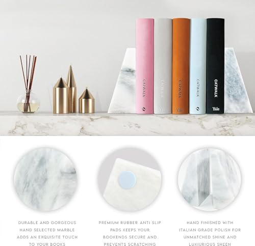 Ottimo Polished Heavy Stone Marble 6" Book Ends for Bookshelf Decor, Home, Office or Kitchen Shelves. Heavy, Triangular, and Decorative Book Stopper with Anti-Slip Pads, Great Gift Idea (White) - Image 4