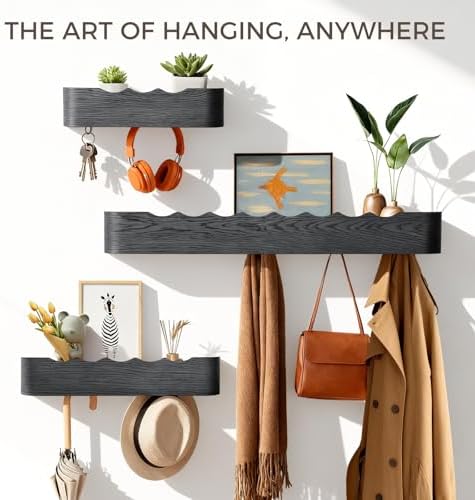 Coat Rack Wall Mount with Shelf Entryway Shelf Modern Key Holder Hanger Wall Shelves with Hidden Hooks for Hanging Towels Coats Hats Bags for Hallway Bathroom Bedroom (Wavy Black, 4 Hooks) - Image 3
