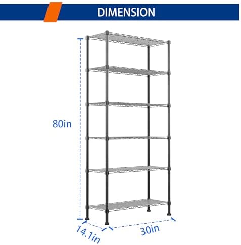 REGILLER 6-Wire Shelving Metal Storage Rack Adjustable Shelves,Standing Storage Shelf Units for Laundry Bathroom Kitchen Pantry Closet(Black,14.1" D x 30" W x 80" H) - Image 3