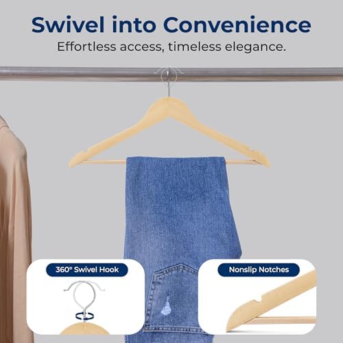 SereneLife Solid Wooden Hangers, Mega Pack, 60 Pieces Hangers for Clothes, Heavy Duty Suit Hanger Set with Chrome 360 Degree Swivel Hook, Notched Design, Natural Wood Color - Image 6