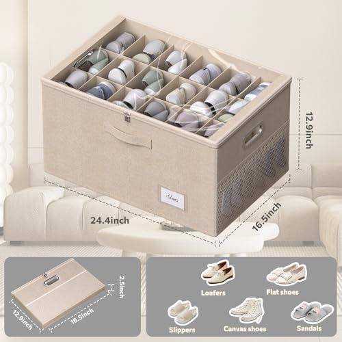 2 Pack Shoe Organizer for Closet Large Shoe Box Storage Containers with Clear Window Space Saving Shoe Bin with Foldable Bottom Support Adjustable Dividers Fits 36 Pairs (Beige, (24.4*16.5*13inch)x2) - Image 2
