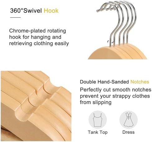 TOPIA HANGER Premium Wooden Hangers 30 Pack, Natural Wood Clothes Hangers, Durable Coat Hanger, 360° Swivel Hook, Non-Slip Shoulder Notches for Strap Dress, Shirt, Pant, Jacket-CT54N30 - Image 3