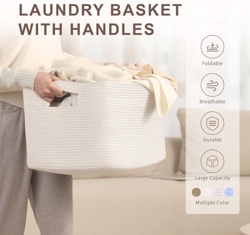 60L Woven Laundry Basket Hamper with Handles, White - Image 4