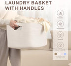 60L Woven Laundry Basket Hamper with Handles, White - Image 4