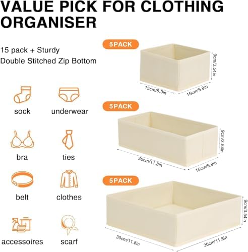 Drawer Organizer Clothes, Nursery Dresser & Closet Storage, Beige, 15 Pack - Image 2