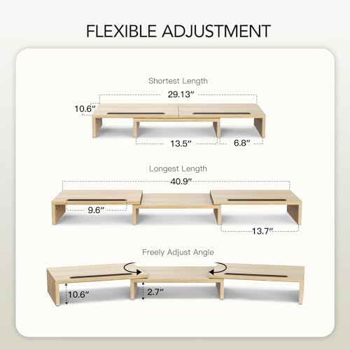 AMERIERGO Dual Monitor Stand Riser- 3 Shelf Screen Stand with Adjustable Length and Angle, 2 Extra Functional Slot Desktop Organizer Stand for PC, Computer, Laptop (Light Wood) - Image 2