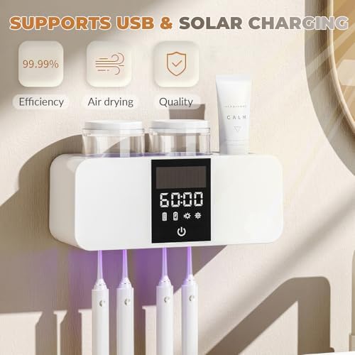 Smart Wall-Mounted Toothbrush Holder with Solar Charging, 4 Brush Slots & 2 Cup, Multi-Function Electric Toothbrush Organizer with Built-in Dryer for Home Bathroom (White - 2 Cups) - Image 3