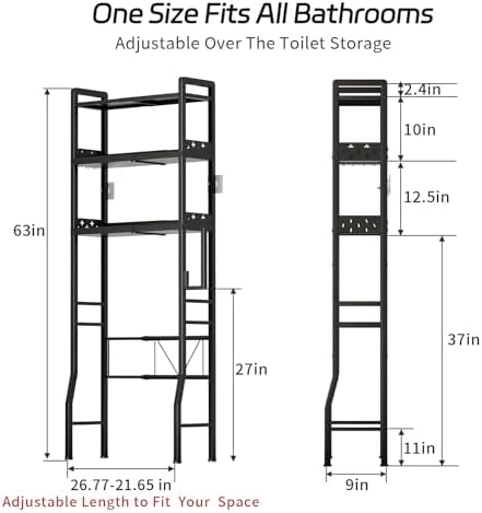 Over the Toilet Storage Shelf 3-Tier Adjustable Bathroom Organizers and Storage Shelves Bathroom Rack Above Toilet Storage with Paper Holder and 4 Hooks Space Saver Storage for Laundry - Image 2
