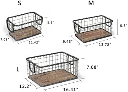 Set of 3 Rectangular Sturdy Hand Welded Farmhouse Metal Wire Basket with Rustic Wooden Bottom For Shelves, Closet Storage Bins for Shelves. Also For Laundry, Towel, Spice Rack, Tool Box (SET OF 3) - Image 2