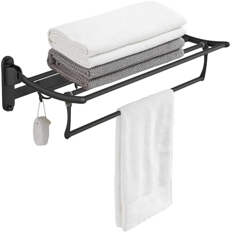 BESy Towel Racks with Foldable Towel Bar Hooks, Wall Mounted Matte Black by BESy